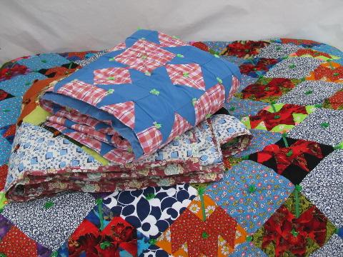 photo of lot bright colors patchwork quilt tops, vintage 1970s, wild retro prints! #1