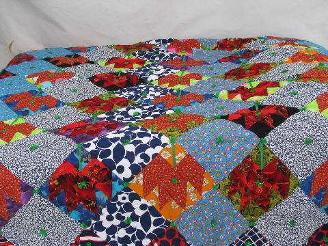 photo of lot bright colors patchwork quilt tops, vintage 1970s, wild retro prints! #3