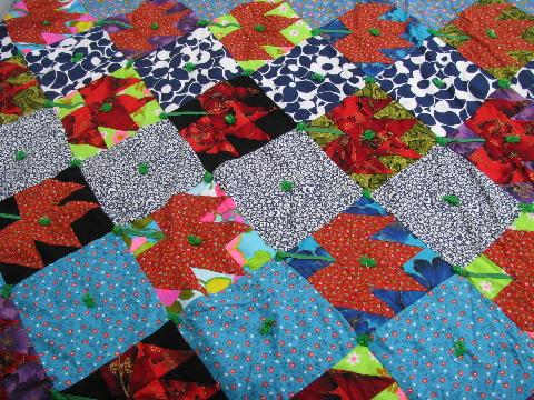 photo of lot bright colors patchwork quilt tops, vintage 1970s, wild retro prints! #4