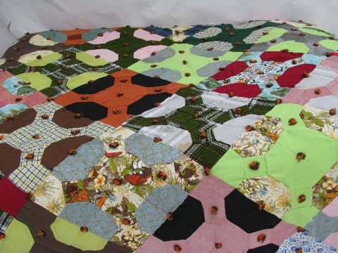 photo of lot bright colors patchwork quilt tops, vintage 1970s, wild retro prints! #9