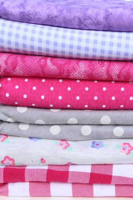 photo of lot cotton blend jersey knit fabric, t-shirt knits prints in pink, purple, grey #9