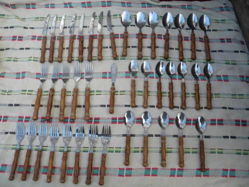 photo of lot country kitchen table flatware w/turned wood handles setting for 4+ #1