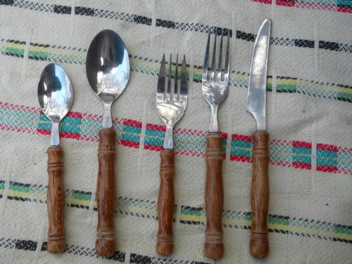 photo of lot country kitchen table flatware w/turned wood handles setting for 4+ #2