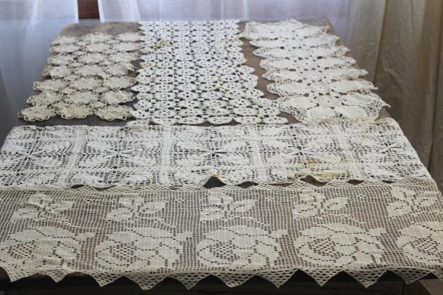 photo of lot crochet lace runners for upcycle or vintage sewing trim, french brocante shabby chic #1