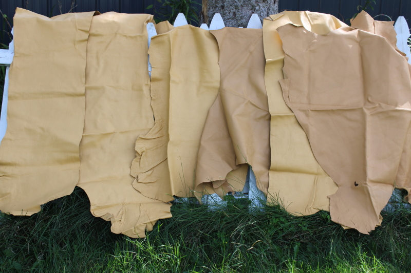 photo of lot full grain leather hide pieces, pigskin for slippers, bags or totes, natural light buff color #1