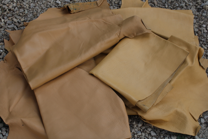 photo of lot full grain leather hide pieces, pigskin for slippers, bags or totes, natural light buff color #3