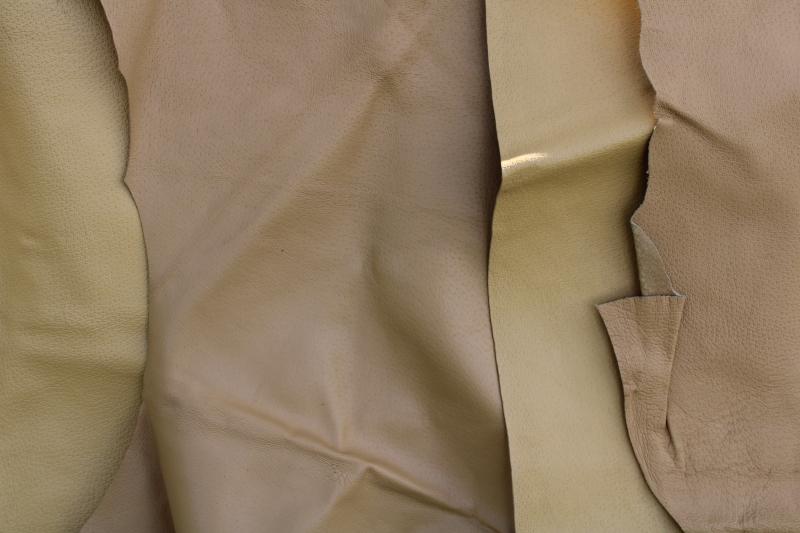 photo of lot full grain leather hide pieces, pigskin for slippers, bags or totes, natural light buff color #5