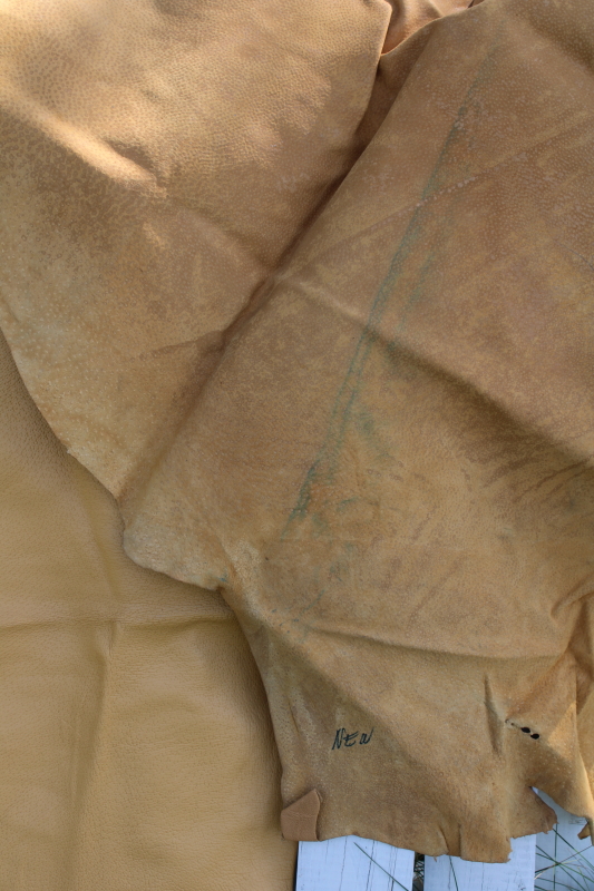 photo of lot full grain leather hide pieces, pigskin for slippers, bags or totes, natural light buff color #7