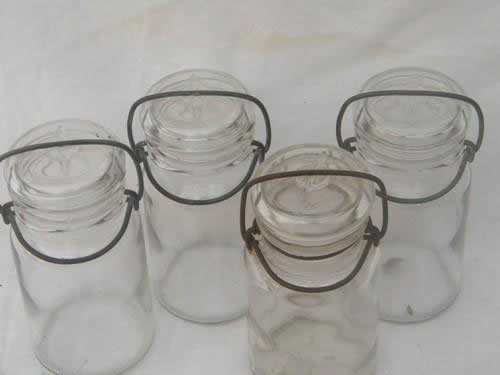 photo of lot glass kitchen canisters or spice jars, small mason jars w/lightning lids #2