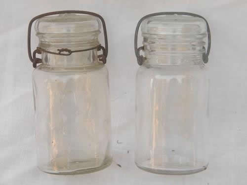 photo of lot glass kitchen canisters or spice jars, small mason jars w/lightning lids #3