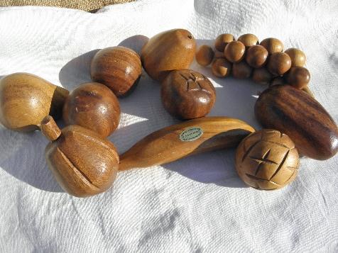 photo of lot hand-carved monkey pod wood fruit, retro vintage tropical tiki style #1