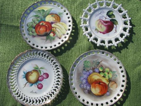 photo of lot hand-painted fruit plates, pierced lace edge china, vintage Japan #1