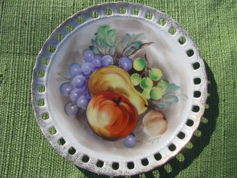 photo of lot hand-painted fruit plates, pierced lace edge china, vintage Japan #3