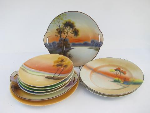 photo of lot hand-painted porcelain plates, early 1900s vintage Japan, nature scenes #1