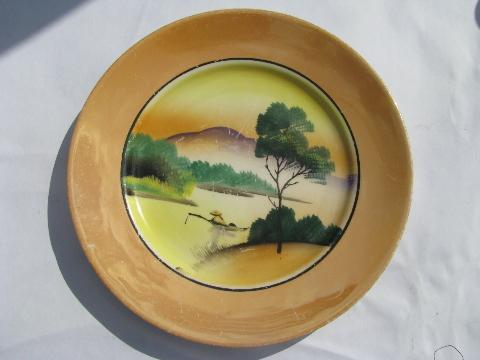 photo of lot hand-painted porcelain plates, early 1900s vintage Japan, nature scenes #2