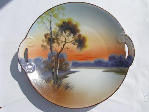 photo of lot hand-painted porcelain plates, early 1900s vintage Japan, nature scenes #3