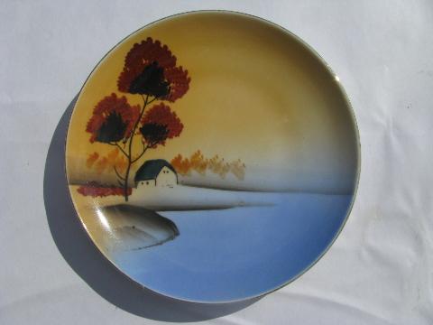 photo of lot hand-painted porcelain plates, early 1900s vintage Japan, nature scenes #8