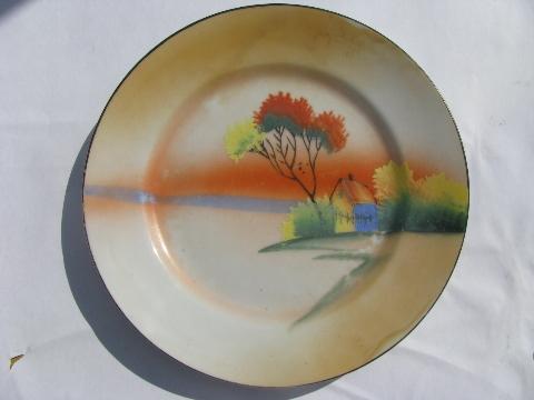 photo of lot hand-painted porcelain plates, early 1900s vintage Japan, nature scenes #10