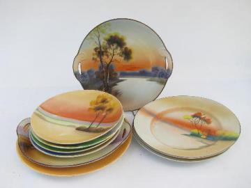 catalog photo of lot hand-painted porcelain plates, early 1900s vintage Japan, nature scenes