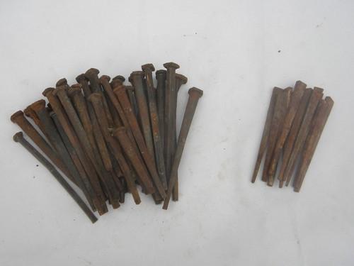 photo of lot large primitive old rusty square cut nails w/forged rose heads #1