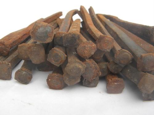 photo of lot large primitive old rusty square cut nails w/forged rose heads #4