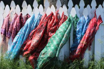 catalog photo of lot large pure silk scarves flowery prints jewel colors vintage hippie chick boho style