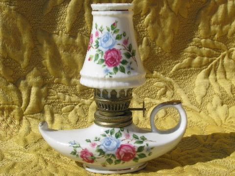 photo of lot mini oil lamps, flowered china w/ glass shades, vintage Japan #6