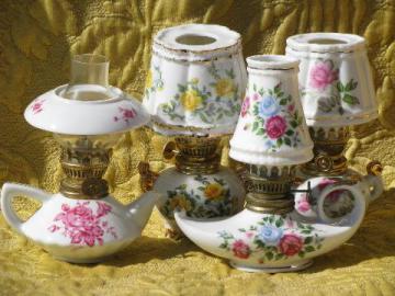 catalog photo of lot mini oil lamps, flowered china w/ glass shades, vintage Japan