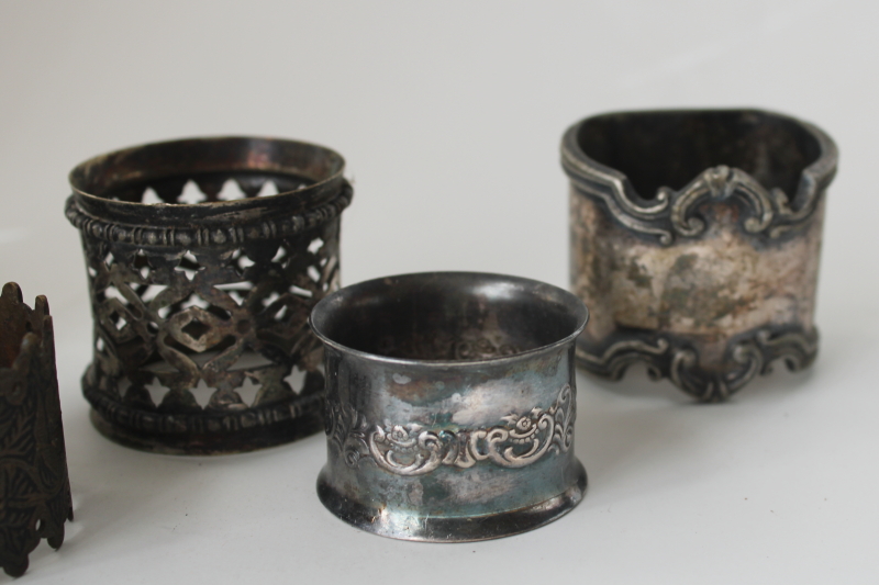 photo of lot mismatched antique silver plate & tarnished brass napkin rings, ornate early 1900s vintage  #2