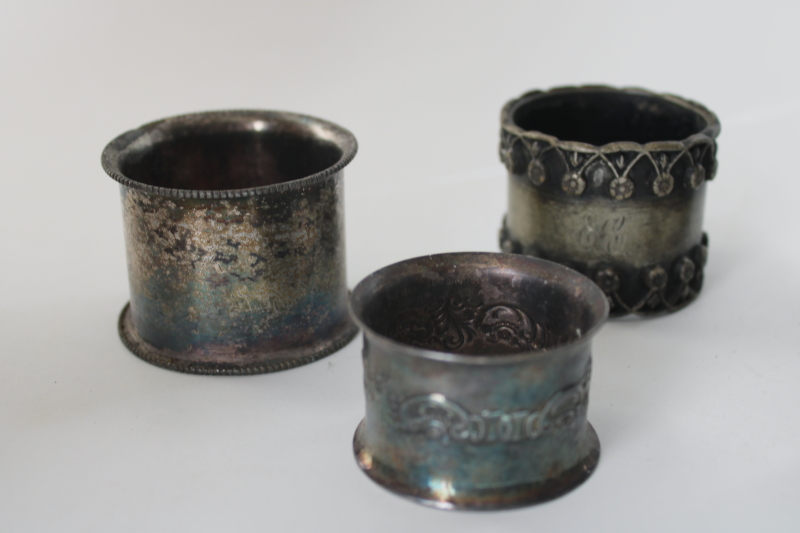 photo of lot mismatched antique silver plate & tarnished brass napkin rings, ornate early 1900s vintage  #4