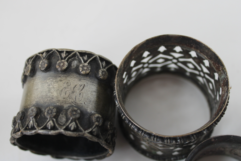 photo of lot mismatched antique silver plate & tarnished brass napkin rings, ornate early 1900s vintage  #5