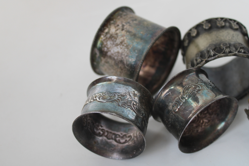 photo of lot mismatched antique silver plate & tarnished brass napkin rings, ornate early 1900s vintage  #6