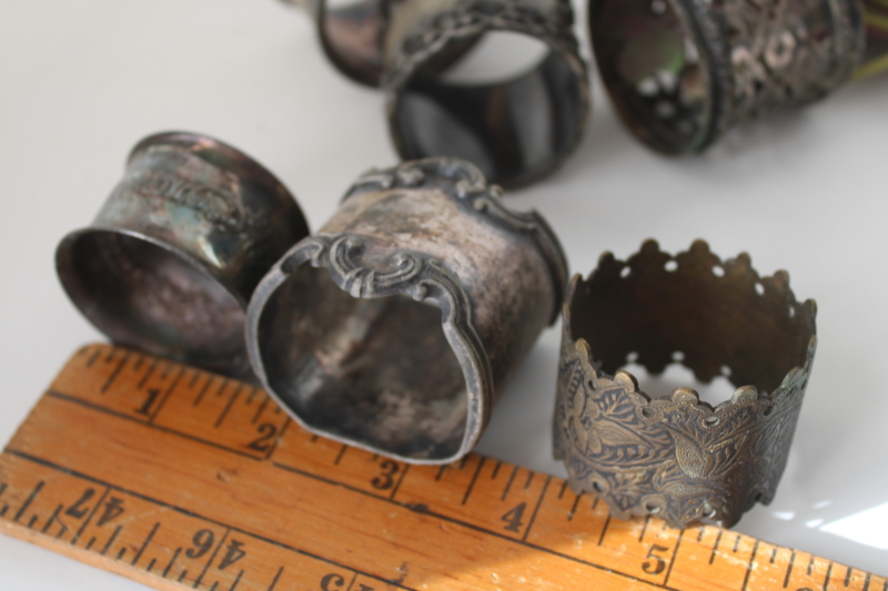 photo of lot mismatched antique silver plate & tarnished brass napkin rings, ornate early 1900s vintage  #8