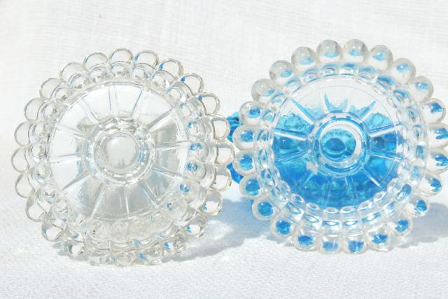 photo of lot mismatched colored glass candle holders, vintage Decorama hobnail candlewick beaded edge glass #2