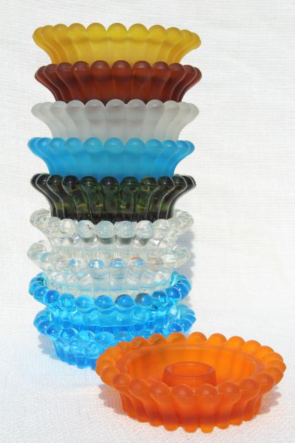 photo of lot mismatched colored glass candle holders, vintage Decorama hobnail candlewick beaded edge glass #5