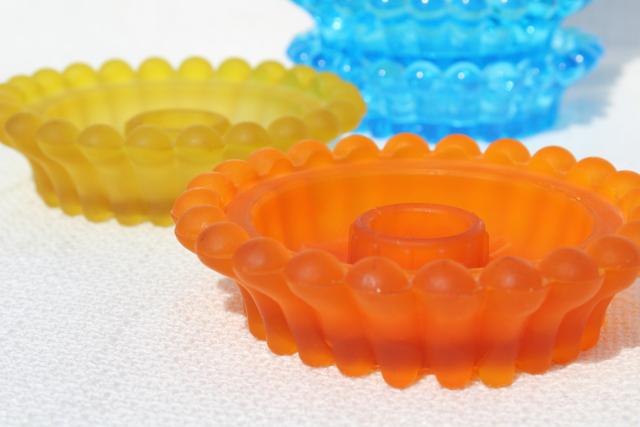 photo of lot mismatched colored glass candle holders, vintage Decorama hobnail candlewick beaded edge glass #6