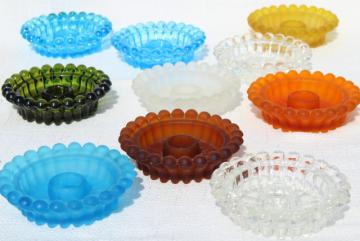 catalog photo of lot mismatched colored glass candle holders, vintage Decorama hobnail candlewick beaded edge glass