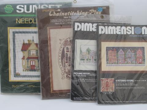 photo of lot needlepoint and cross-stitch embroidery kits, Victorian houses #1