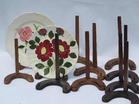 photo of lot new old stock walnut wood plate racks, collector's display stands #1