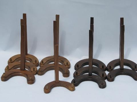 photo of lot new old stock walnut wood plate racks, collector's display stands #2