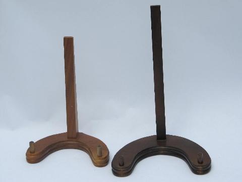 photo of lot new old stock walnut wood plate racks, collector's display stands #3