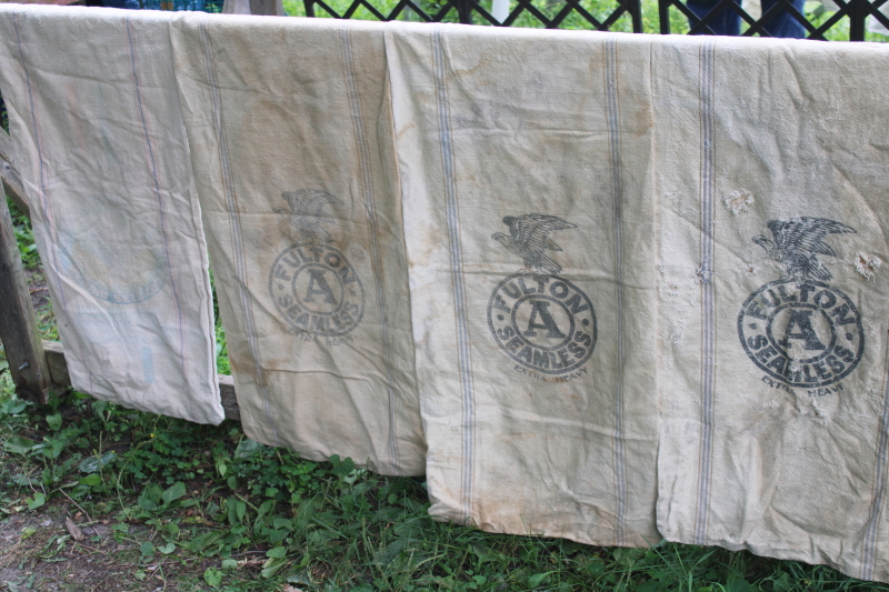 photo of lot of 12 shabby old heavy cotton grain bags, primitive fabric seed & feed sacks w/ vintage graphics  #4