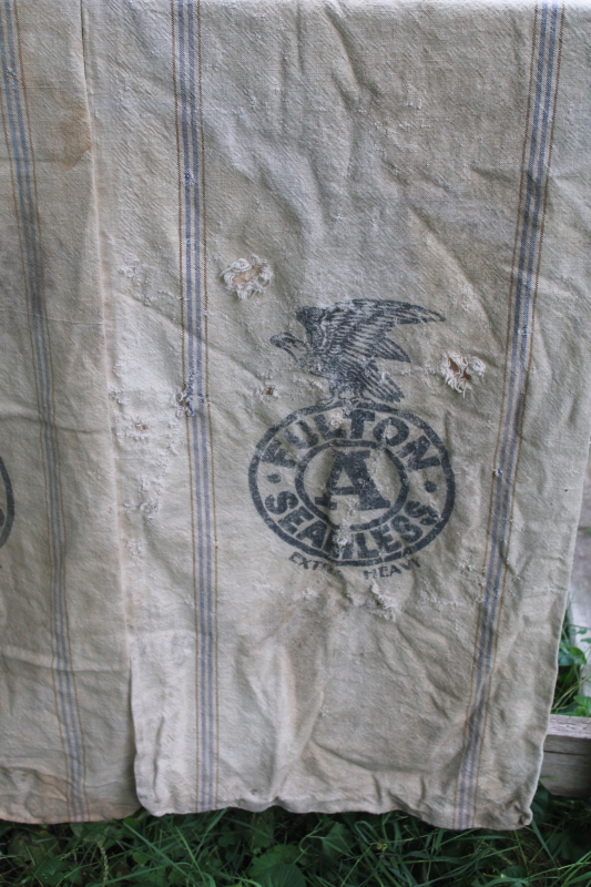 photo of lot of 12 shabby old heavy cotton grain bags, primitive fabric seed & feed sacks w/ vintage graphics  #5