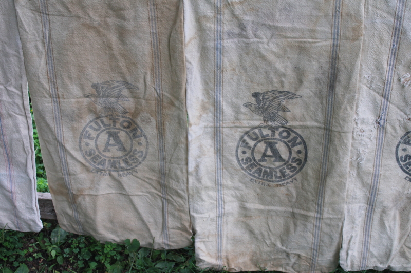 photo of lot of 12 shabby old heavy cotton grain bags, primitive fabric seed & feed sacks w/ vintage graphics  #6
