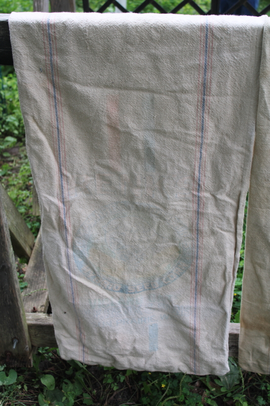 photo of lot of 12 shabby old heavy cotton grain bags, primitive fabric seed & feed sacks w/ vintage graphics  #8