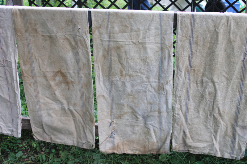 photo of lot of 12 shabby old heavy cotton grain bags, primitive fabric seed & feed sacks w/ vintage graphics  #9