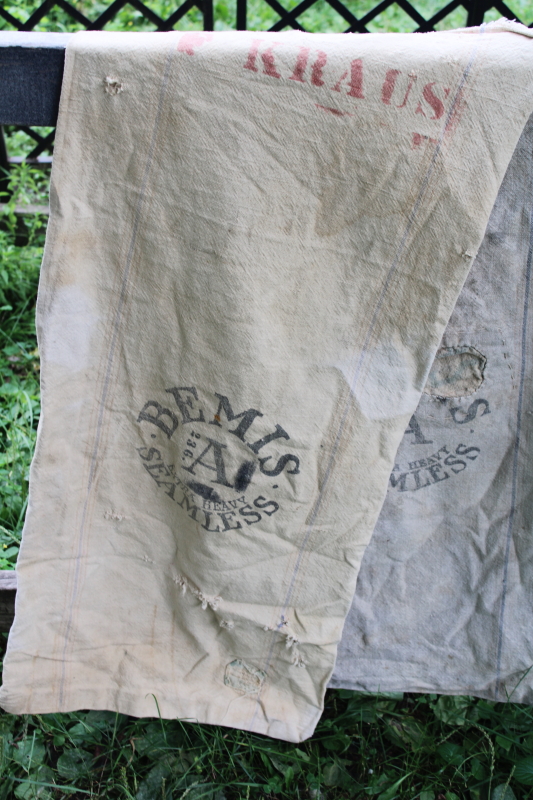 photo of lot of 12 shabby old heavy cotton grain bags, primitive fabric seed & feed sacks w/ vintage graphics  #16