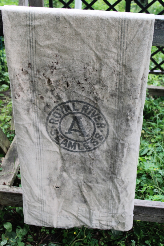 photo of lot of 12 shabby old heavy cotton grain bags, primitive fabric seed & feed sacks w/ vintage graphics  #17