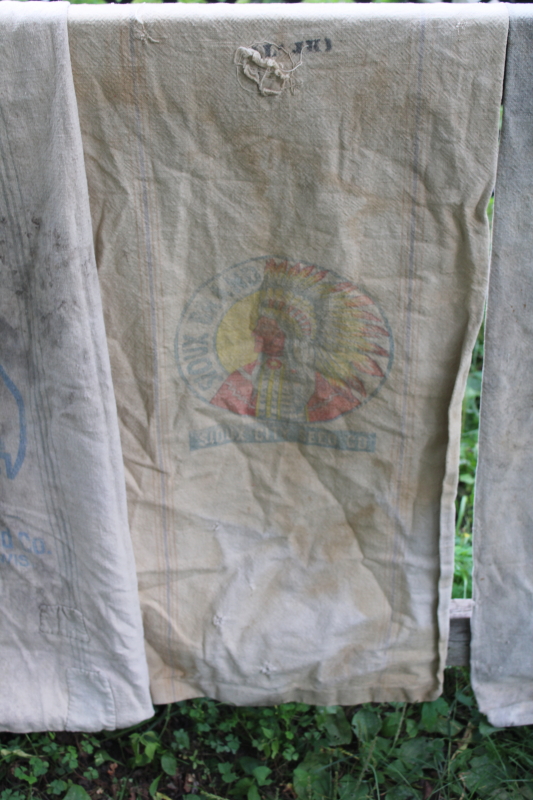 photo of lot of 12 shabby old heavy cotton grain bags, primitive fabric seed & feed sacks w/ vintage graphics  #21