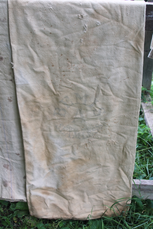 photo of lot of 12 shabby old heavy cotton grain bags, primitive fabric seed & feed sacks w/ vintage graphics  #23